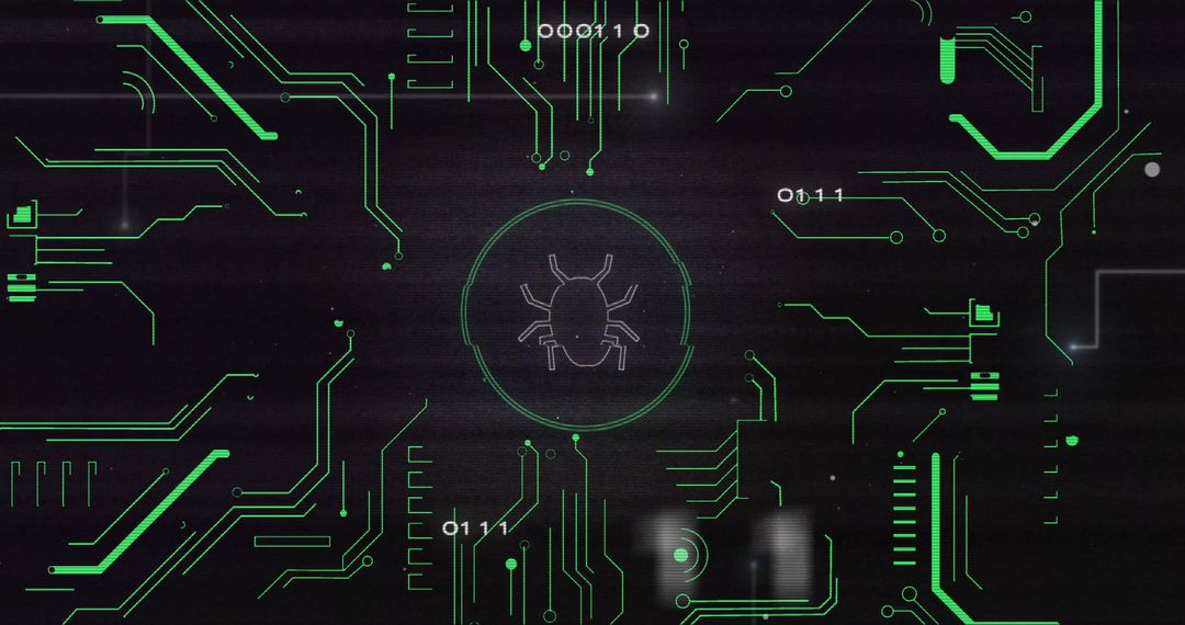 Digital Circuit Board with Bug Icon Highlighting Cybersecurity Risk