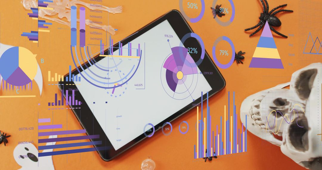 Tablet Presenting Halloween Data Viz Flatlay with Skull, Spiders and Analytics Overlay