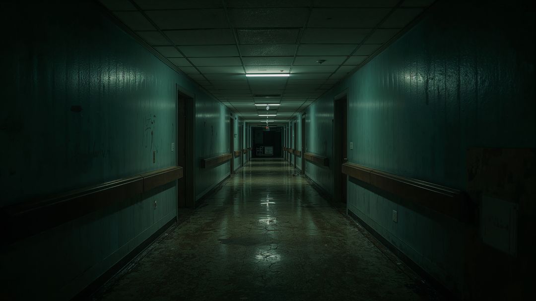 Empty Hospital Corridor with Moody Lighting and Reflection