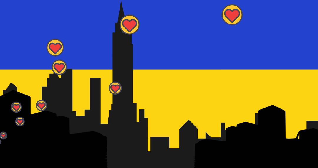 Hearts Adorning Ukraine Flag Silhouette Cityscape