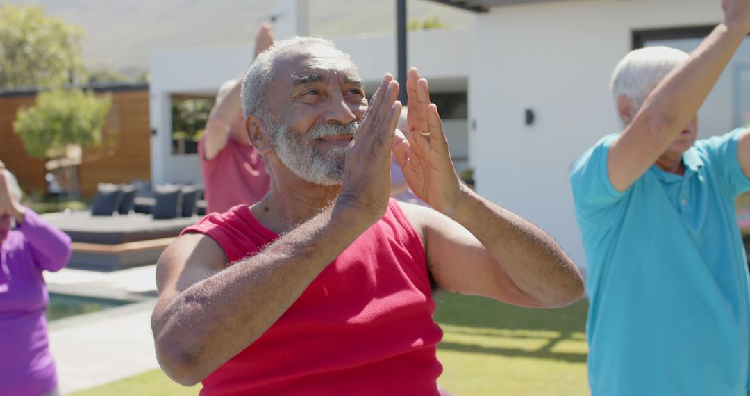 Elderly Outdoors Group Practicing Yoga near Poolside - Free Images, Stock Photos and Pictures on Pikwizard.com