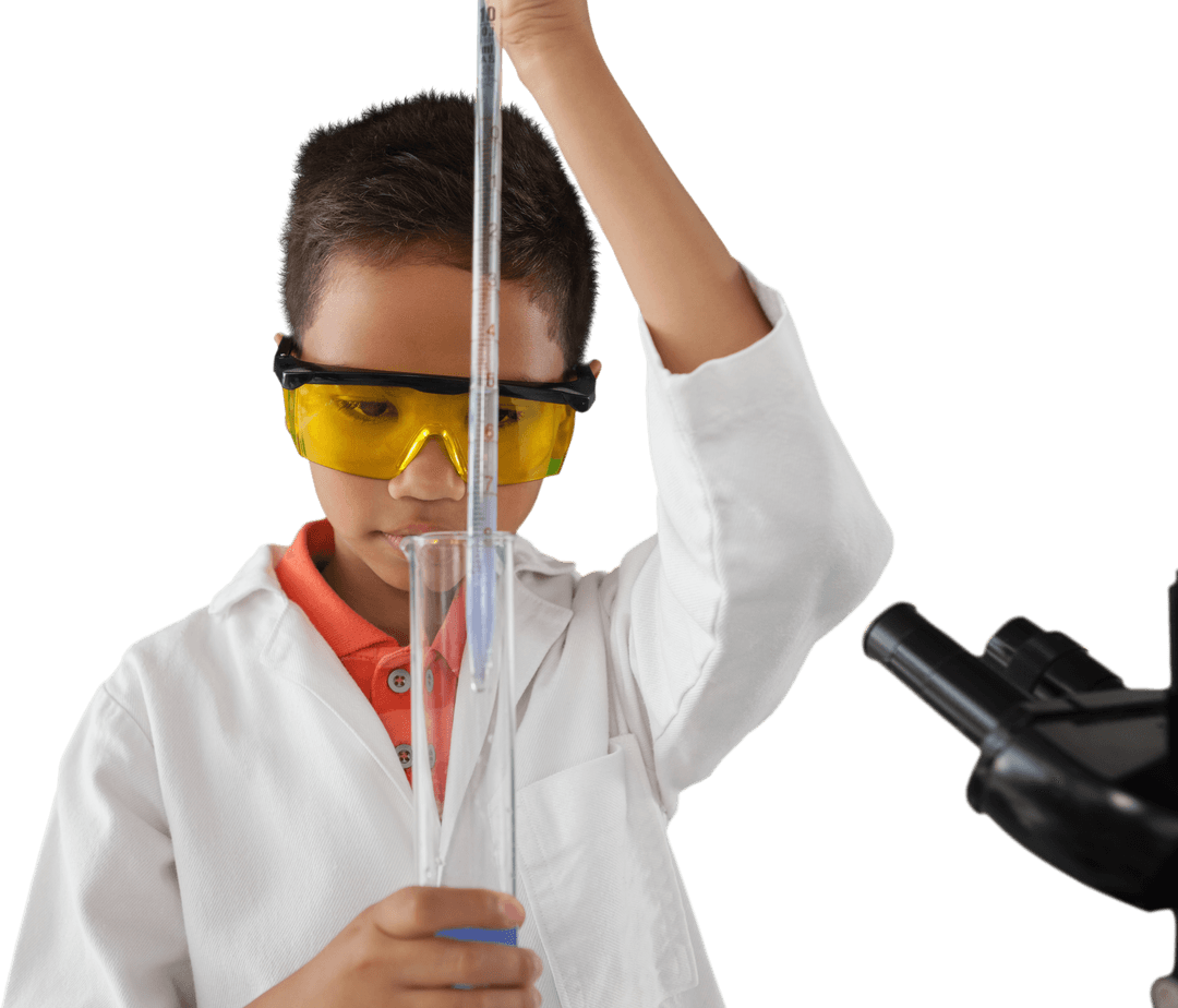 Schoolboy Experimenting with Test Tube on Transparent Background