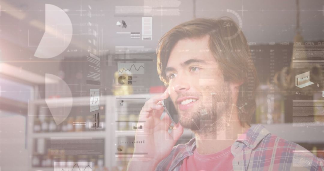 Man using smartphone with superimposed financial data graphics