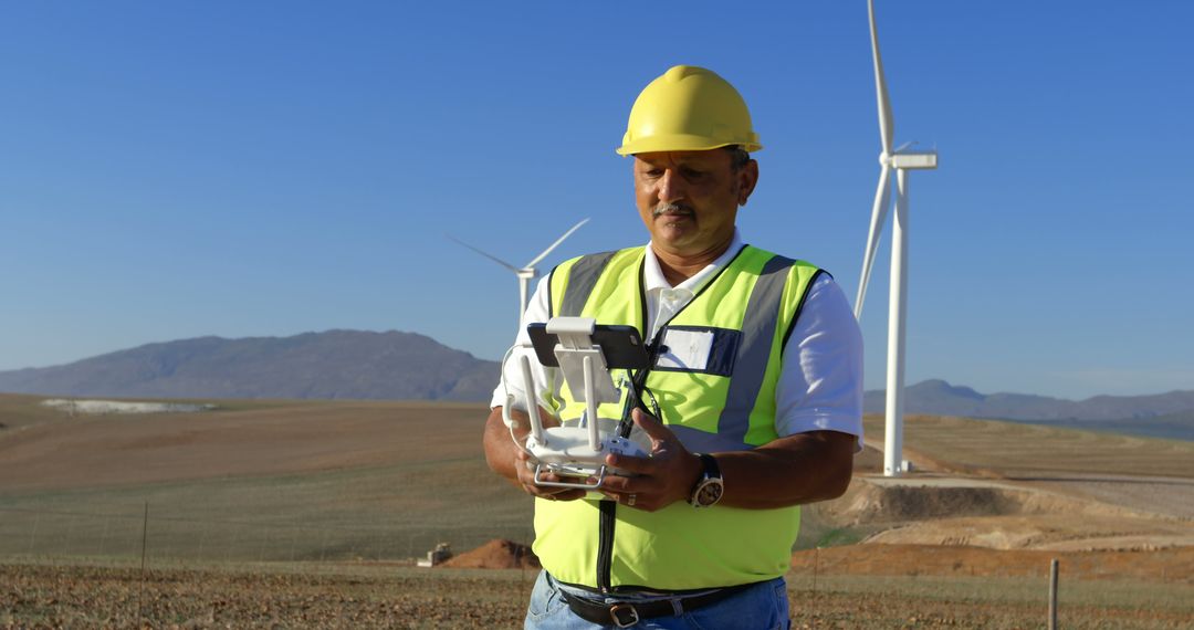 Engineer Controlling Drone at Wind Farm for Renewable Energy Inspection - Free Images, Stock Photos and Pictures on Pikwizard.com