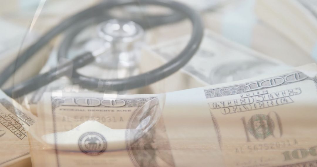 Blurred Stethoscope with US Dollars and Hourglass