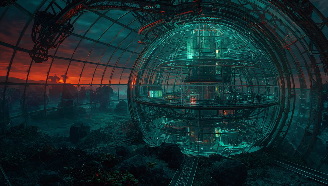 Glowing Futuristic Sphere Habitat Within Arched Glass Dome at Dusk with Rails and Catwalks