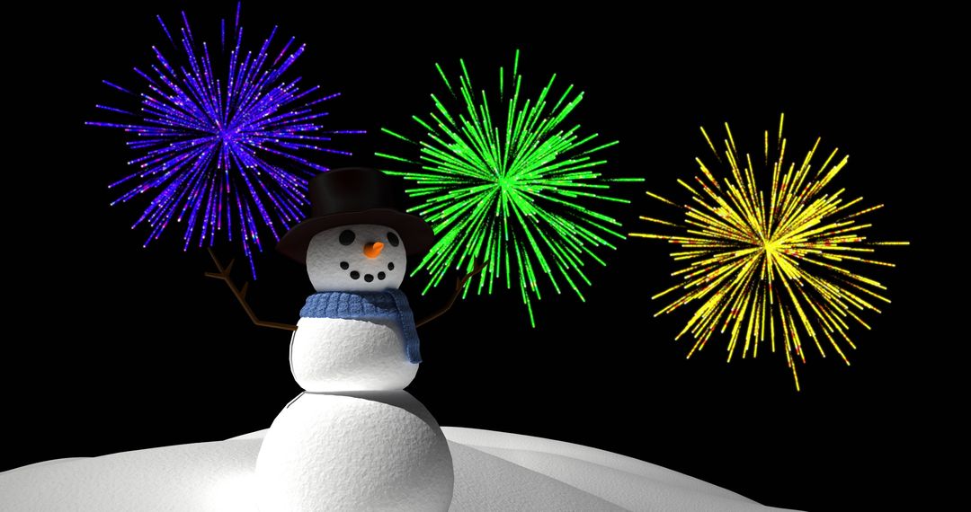 Festive Snowman with Vibrant Holiday Fireworks in Night Sky