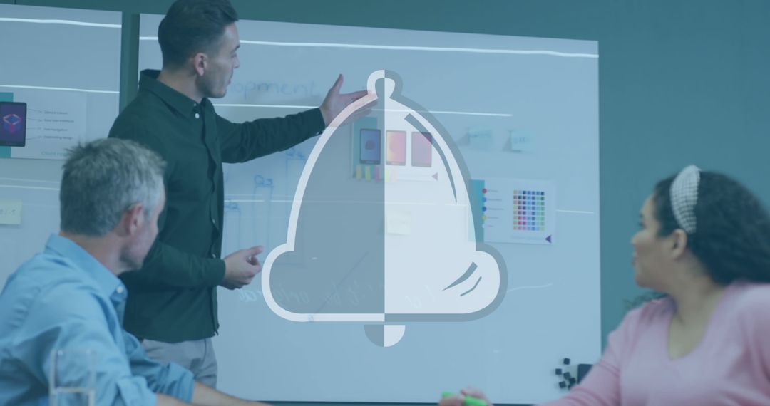 Diverse Team Collaborating with Digital Overlay Bell Icon