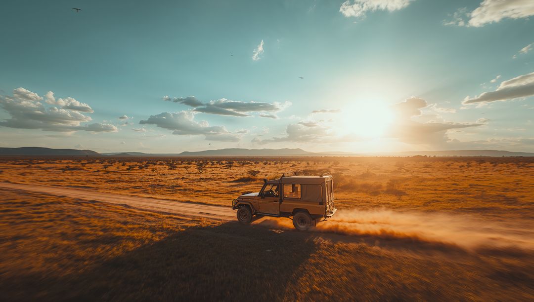 SUV Adventuring on Dusty Road In Vast Golden Plains