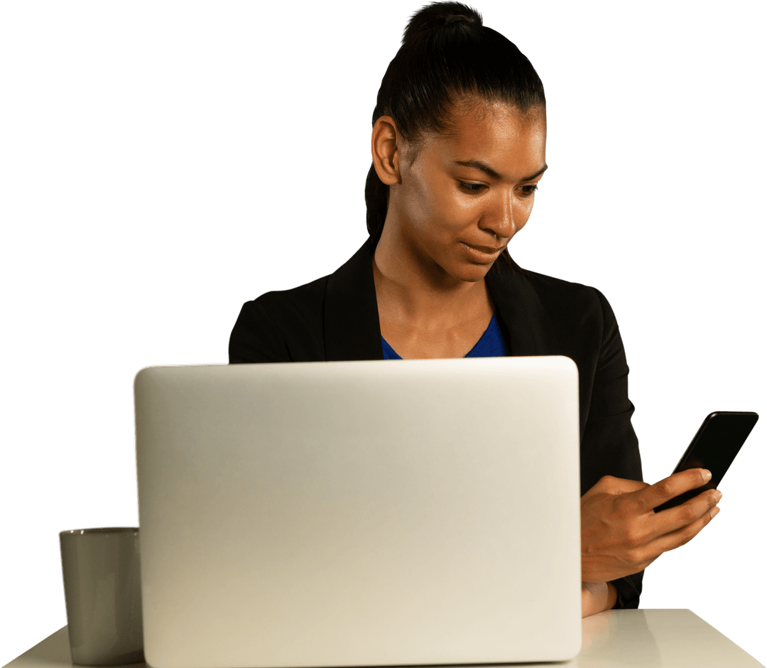 Transparent Background Woman Using Smartphone with Laptop