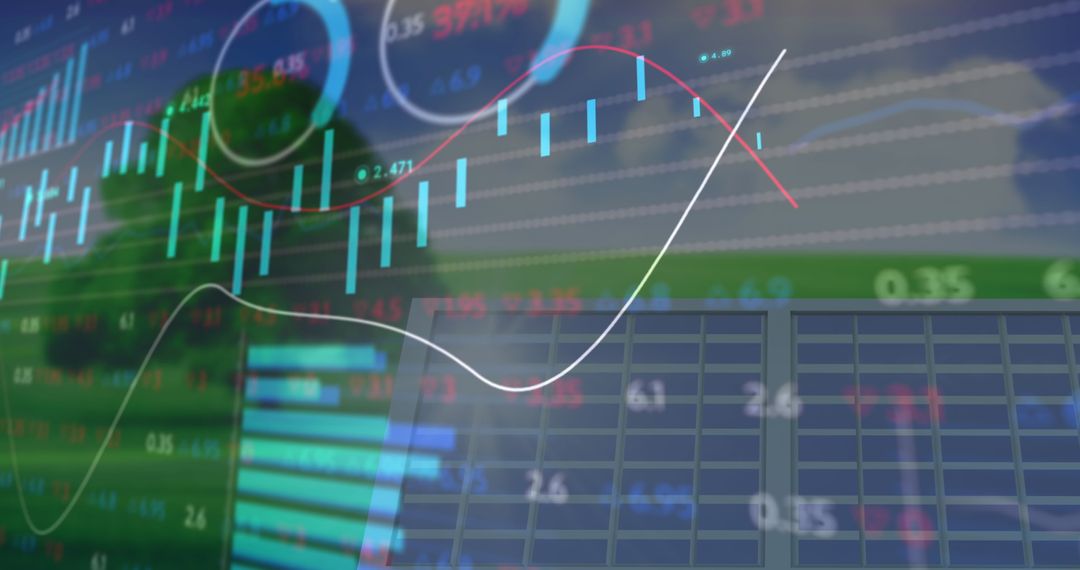 Financial Data Overlaying Solar Panels Highlighting Eco Investment