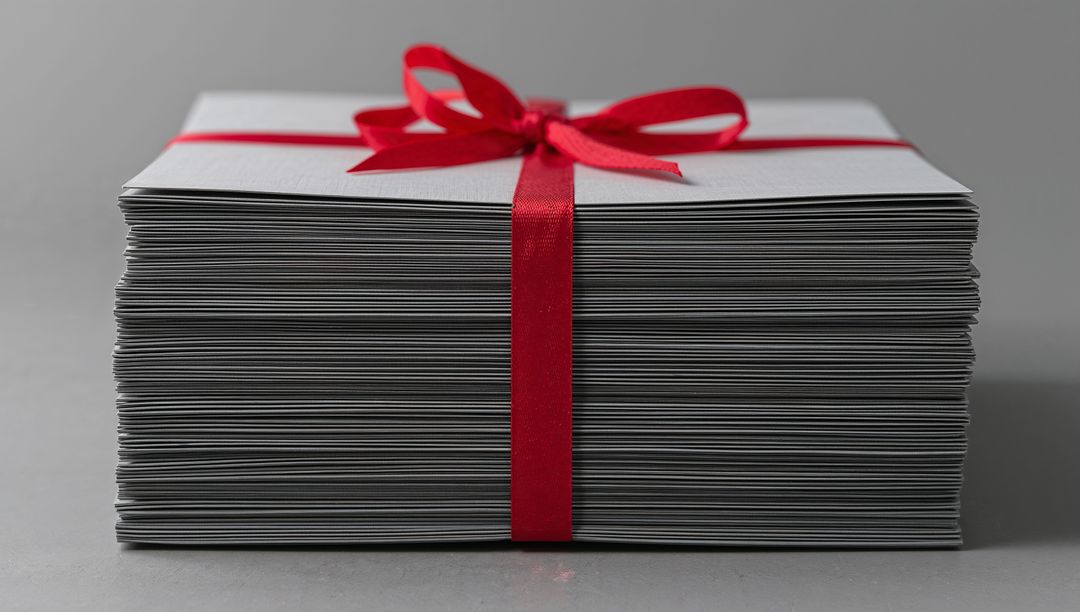 Stacking Gray Envelopes Wrapped with Red Satin Ribbon and Bow on Minimal Gray Surface