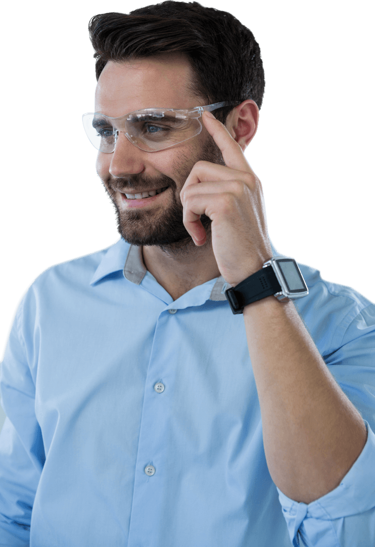 Transparent View: Man Wearing Protective Glasses and Smart Watch