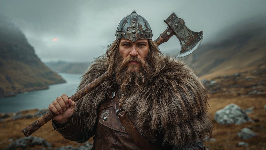 Bearded viking warrior gripping battle axe in misty mountain landscape