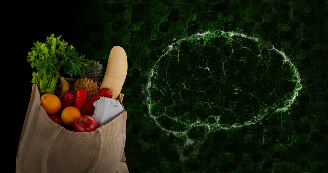 Groceries Bag with Brain Outline Symbolizing Smart Healthy Eating