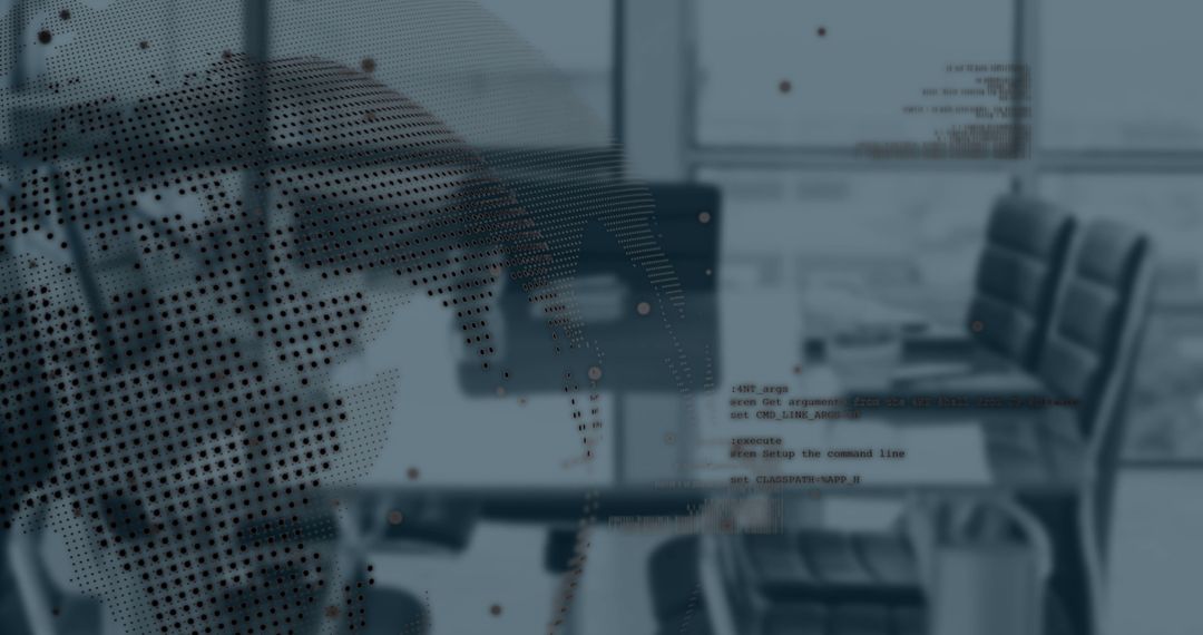 Globe Hologram over Modern Office with Digital Data Overlays