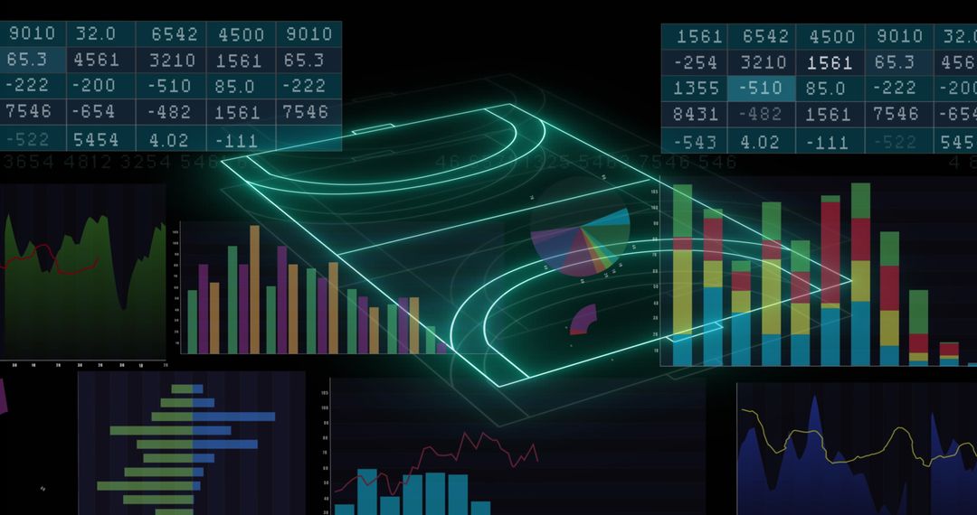 3D Neon Soccer Field with Data Visualizations on Digital Interface