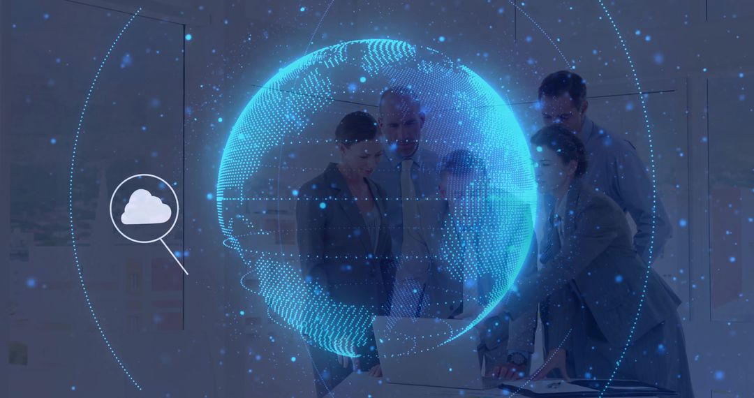 Professionals Analyzing Data with Global Technology Hologram