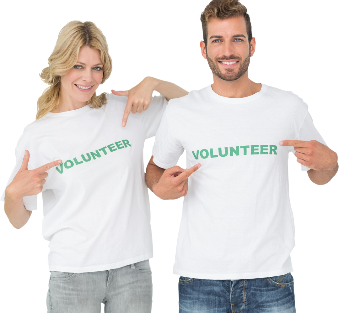 Happy Volunteers Pointing to Transparent Green Text on Shirts - Download Free Stock Images Pikwizard.com