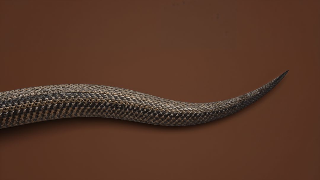 Close-up of diamond-patterned king cobra tail on brown background