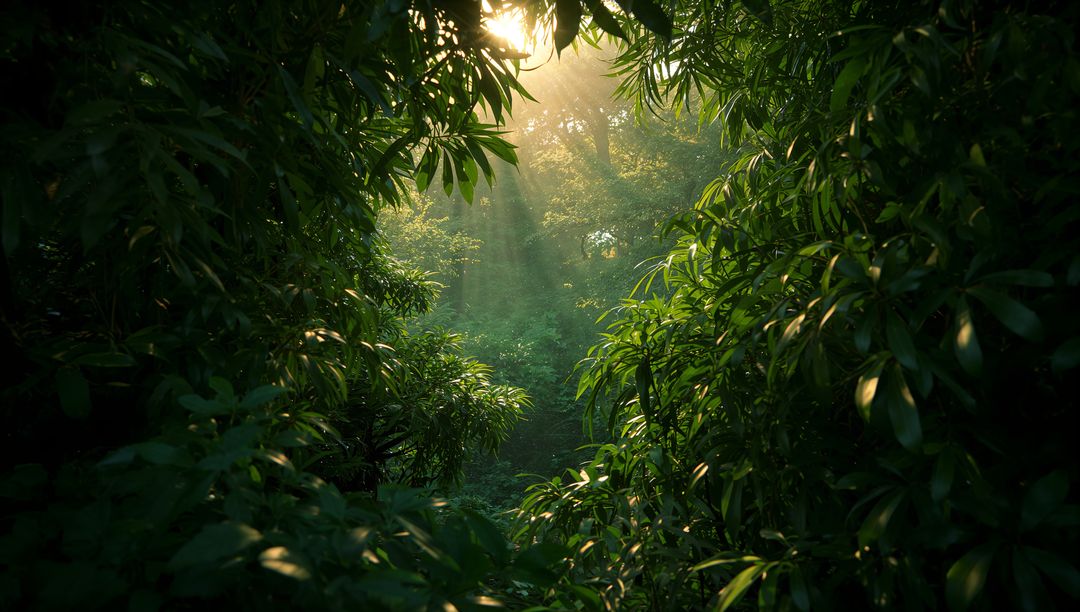 Sunbeams Illuminate Misty Forest Clearing with Lush Green Canopy