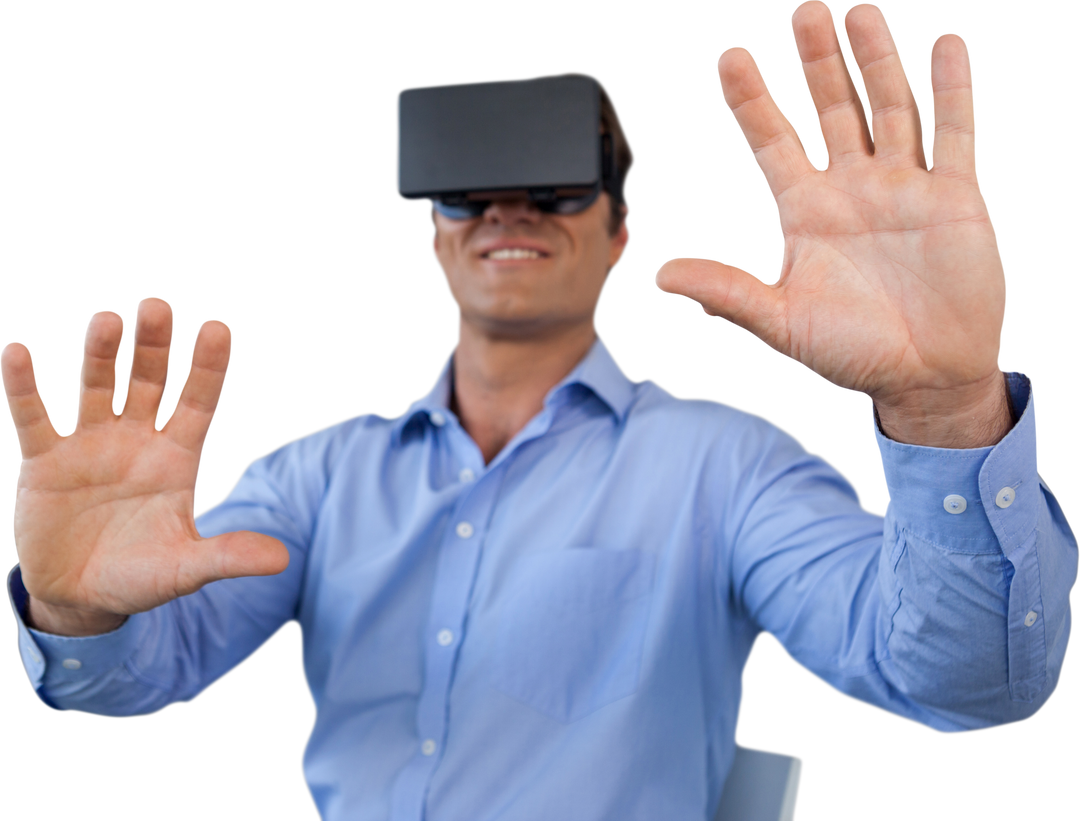 Smiling Businessman Wearing VR Glasses Using Transparent Display - Download Free Stock Images Pikwizard.com