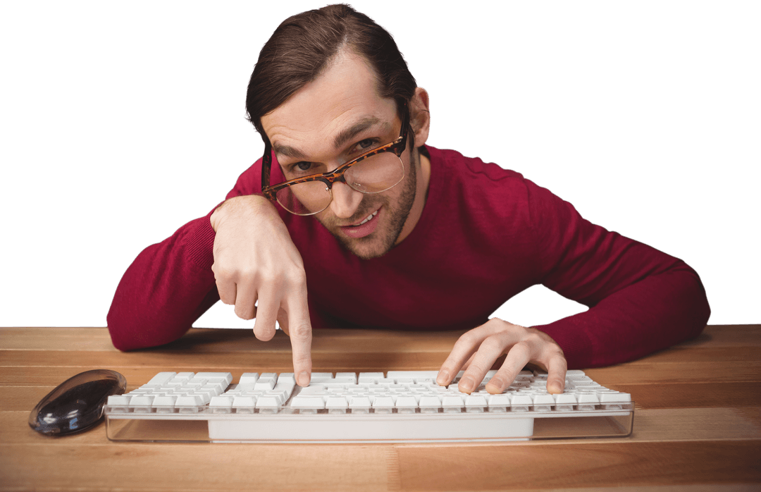 Man Wearing Glasses Pointing at Computer Keyboard on Transparent Background