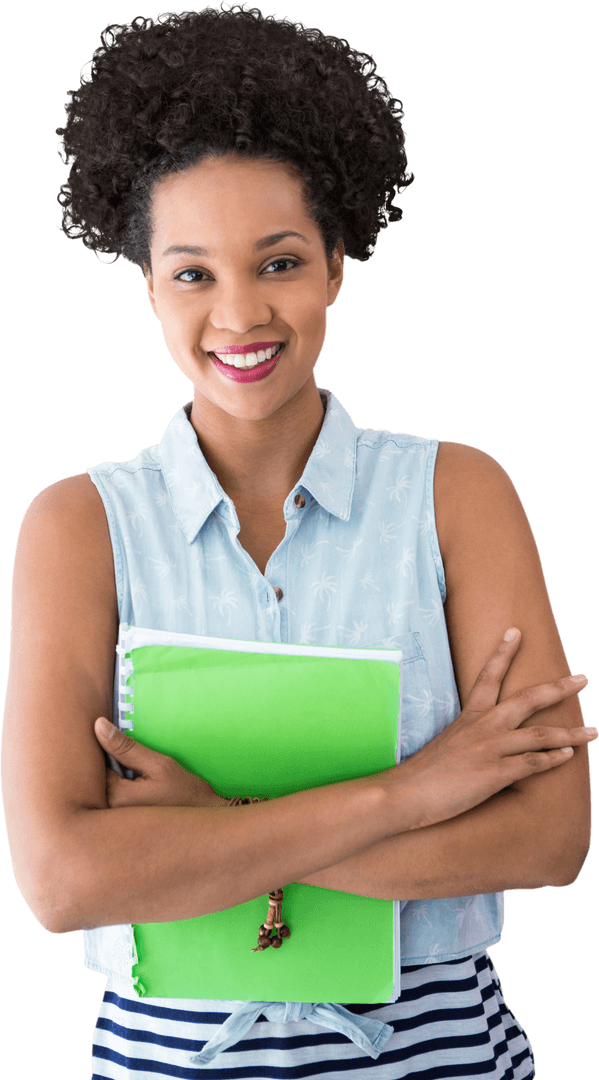 Smiling Young Woman Holding Green File, Transparent Background