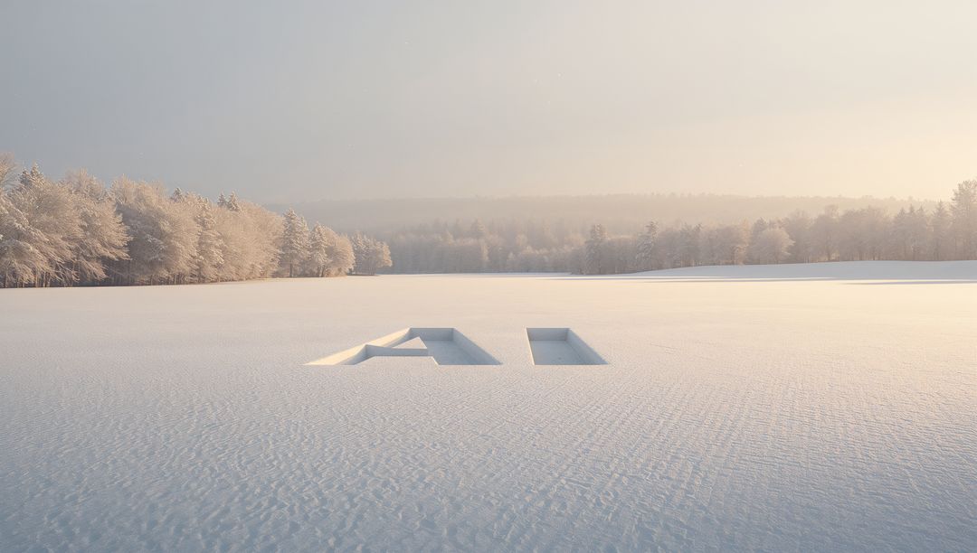 Carving 'AI' Letters in Snowfield at Sunrise with Frosty Forest Horizon, Modern Winter Tech Concept