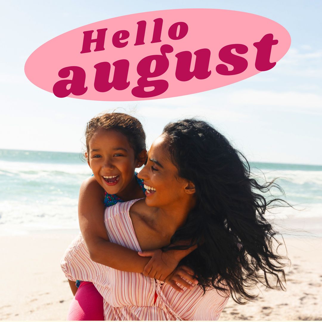 Joyful Mother and Child at Beach with Hello August Greeting