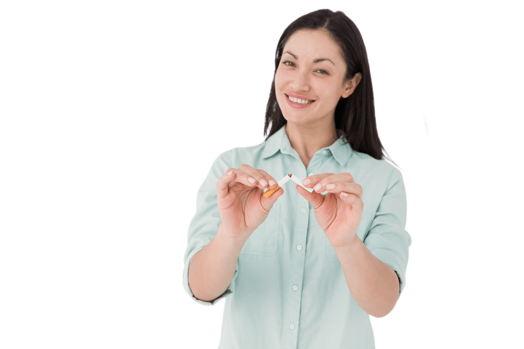 Smiling Woman Overcoming Smoking Habit with Transparent Background