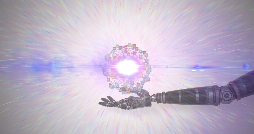 Futuristic Robot Hand Holding Network Sphere with Prismatic Light