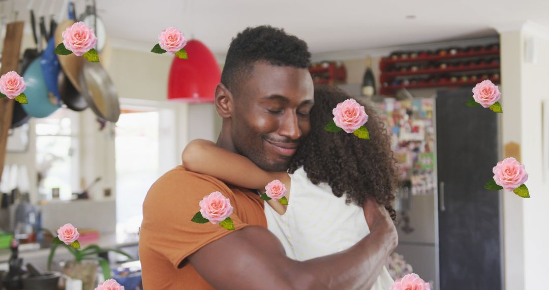 Image of roses over african american father hugging his daughter - Free Images, Stock Photos and Pictures on Pikwizard.com