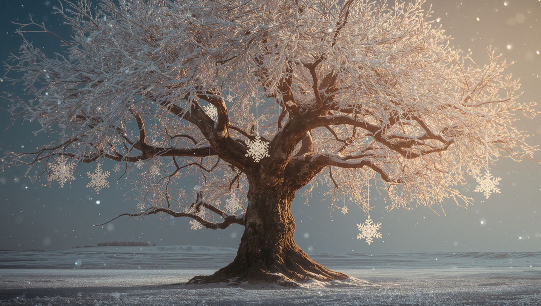 Enchanted Snowflake-Embellished Tree During Winter Twilight