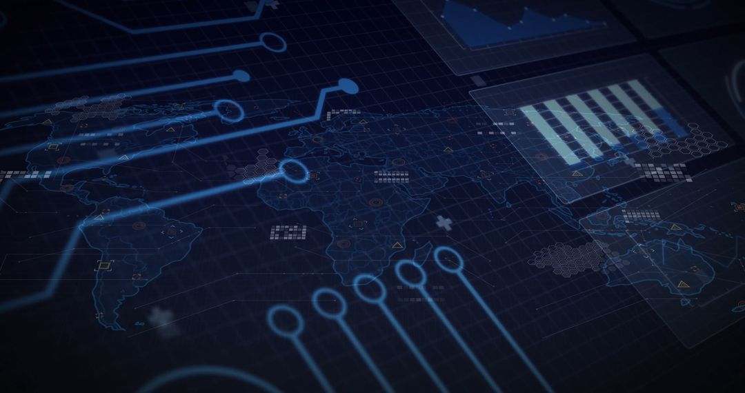 Futuristic Holographic World Map with Digital Data Interfaces