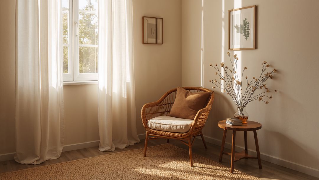 Cozy rattan chair basking in warm sunlight beside mullioned window with linen curtains
