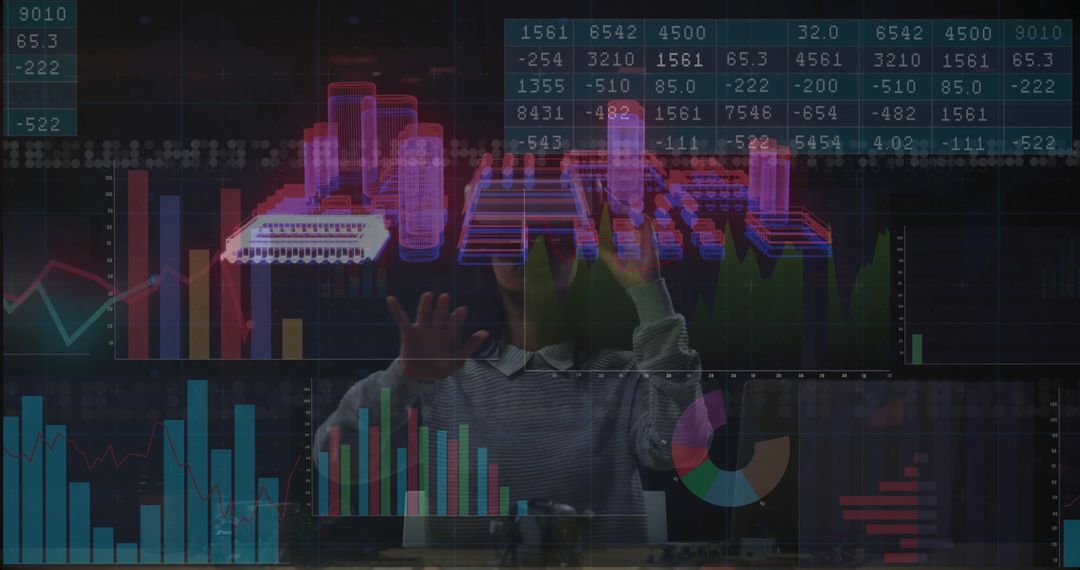 Analyst Interacting with Holographic Data Displays in Office
