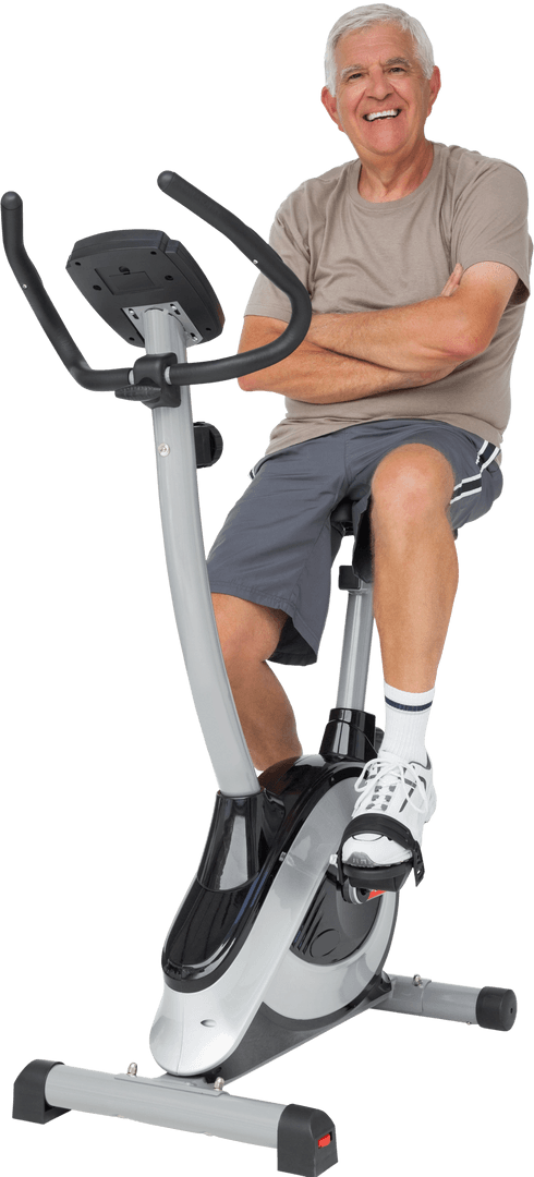 Senior Man on Stationary Bike Smiling in Transparent Background