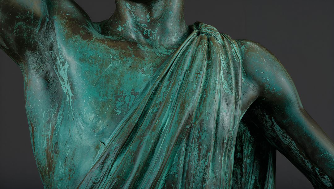 Displaying Verdigris Bronze Torso Draped in Toga with Corrosion Patina Close-Up Detail