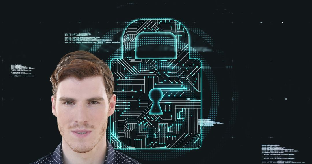 Cybersecurity Expert with Circuit Path Padlock Representing Digital Security