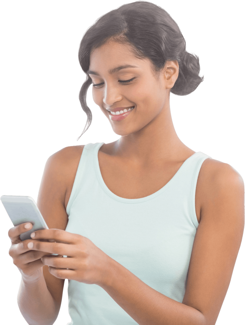 Smiling Woman in Casual Tank Top Using Transparent Smartphone