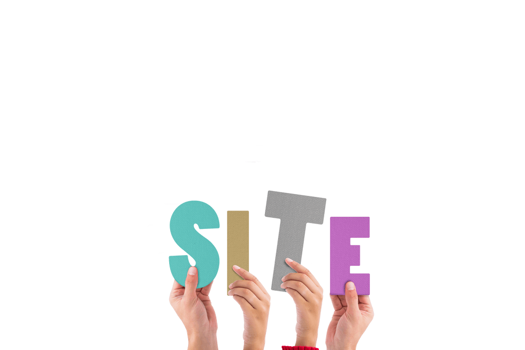 Hands holding colorful alphabet letters spelling site on transparent background