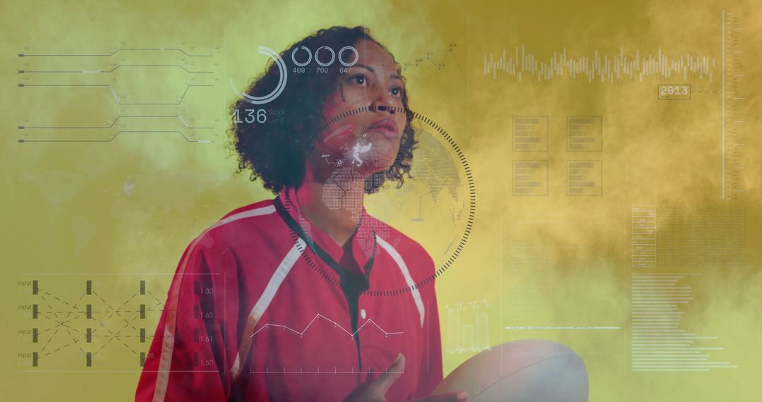Athlete with Data Overlays Holding Rugby Ball in Studio Setting