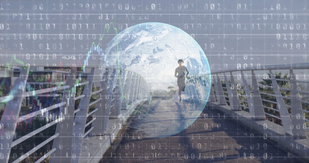 Jogger on Modern Footbridge with Digital Overlay in Urban Environment
