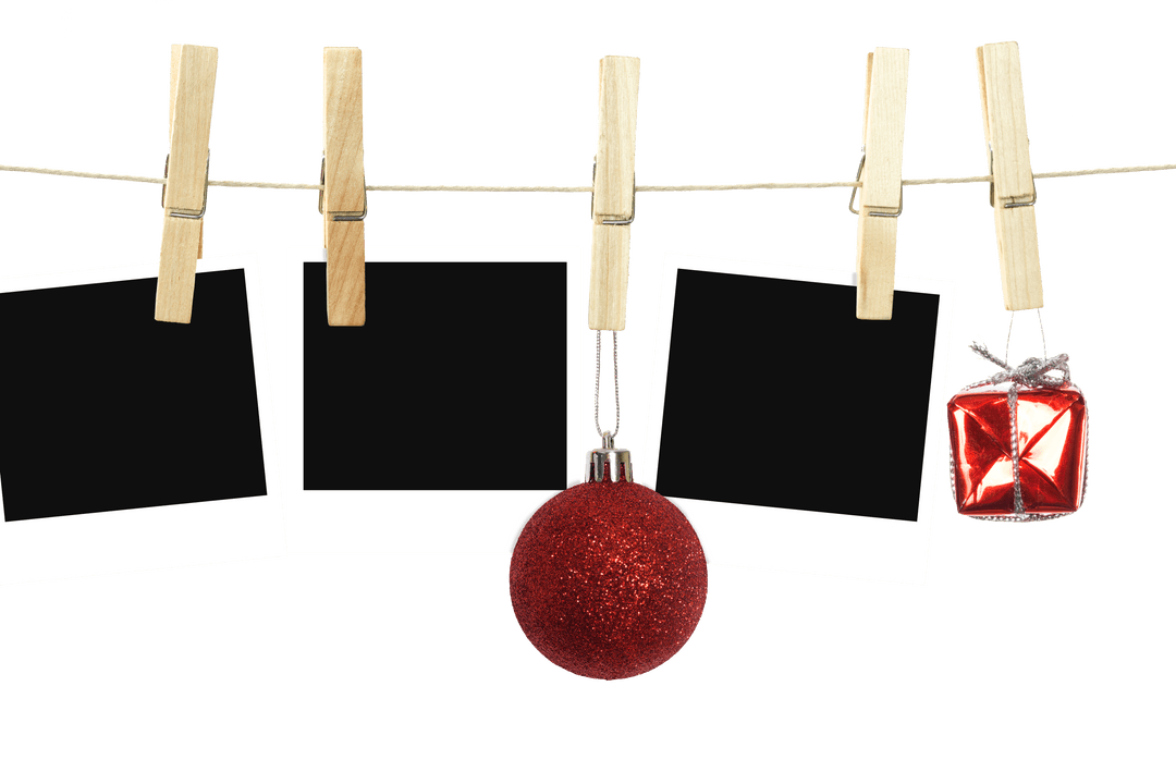 Christmas Photos with Ornaments Hanging on Transparent Background