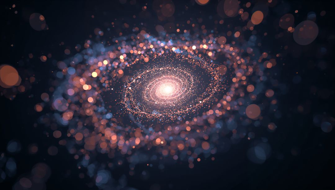 Spiral Particle Galaxy Rotating with Luminous Core, Bokeh Stars, Nebula Glow, Light Orbs
