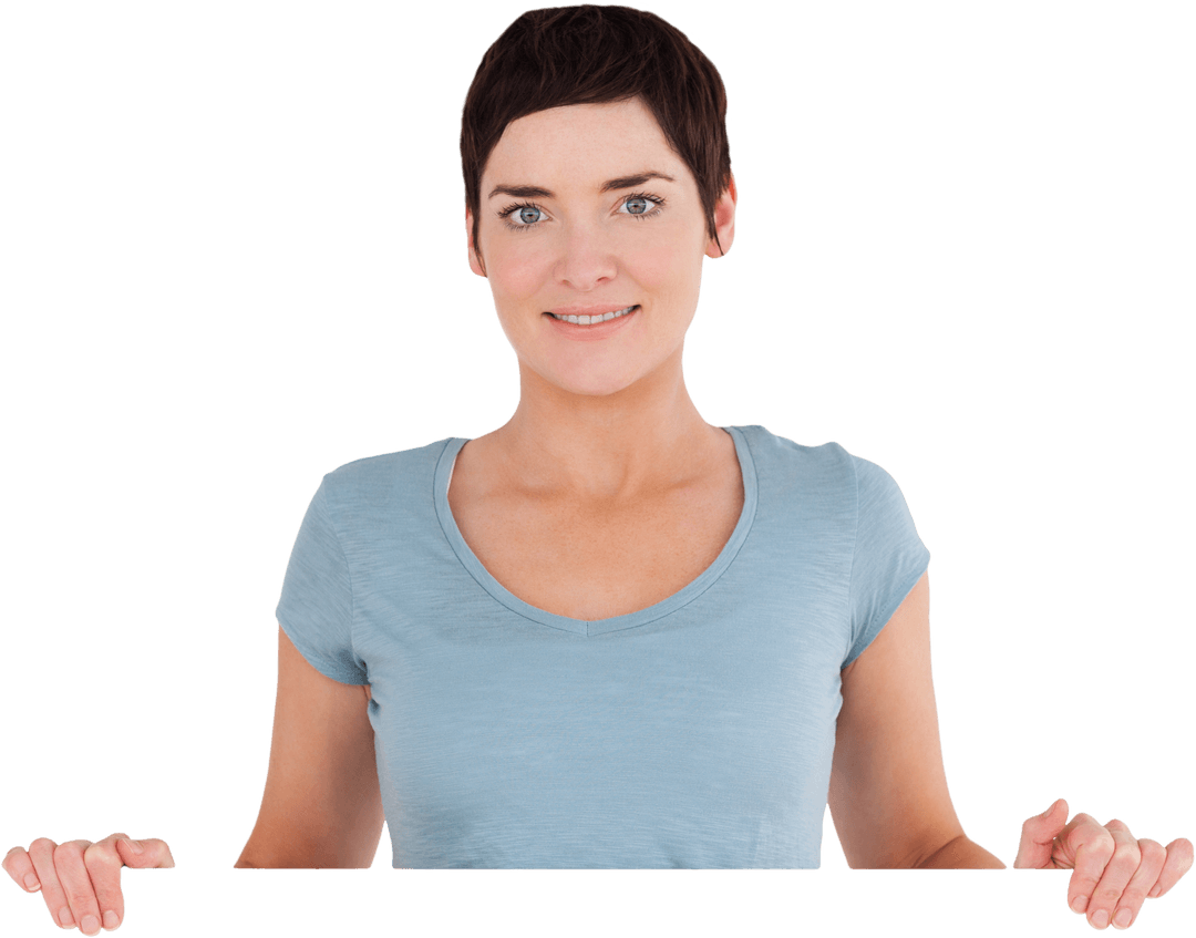 Woman displaying blank transparent card for copy space