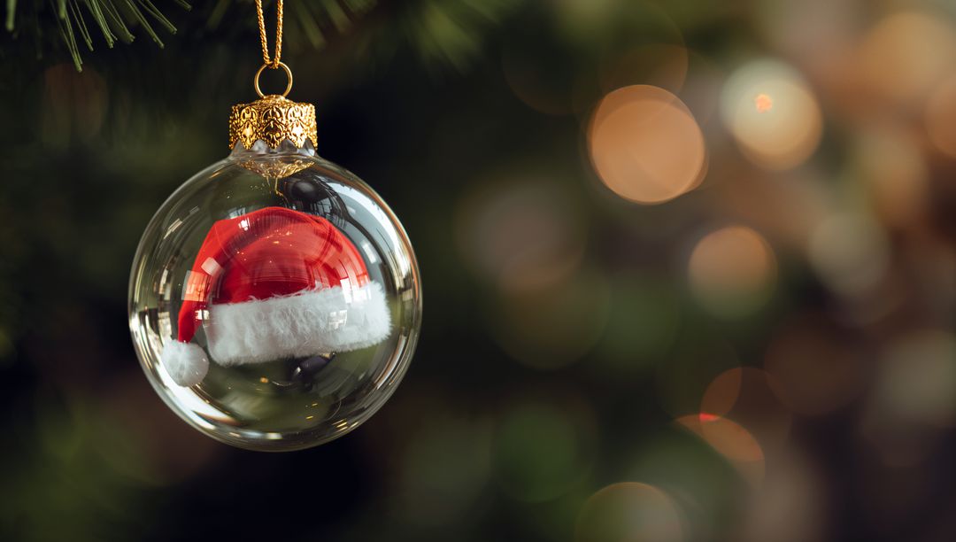 Hanging glass bauble containing Santa hat reflecting warm bokeh on Christmas tree branch