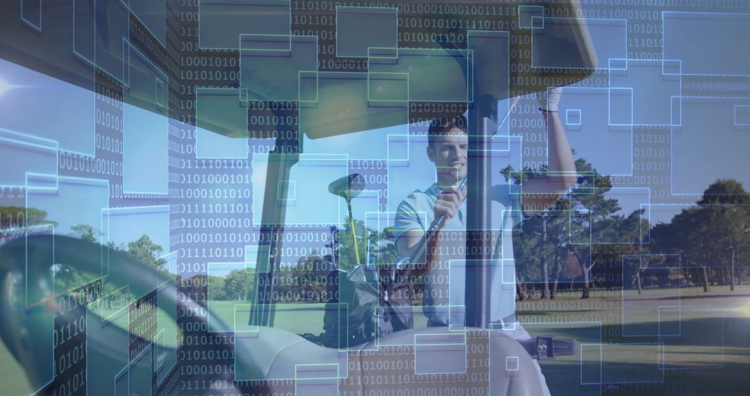 Golfer Engaging with Modern Technology Overlay on Scenic Course