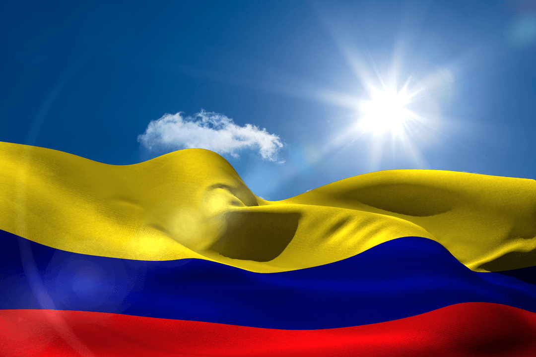 Colombia Flag Waving with Majestic Sun Transparent Background